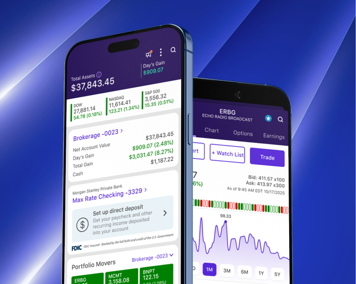 bettervestrade mobile trading app showing advanced charting and trading tools plus the home screen with a brokerage account and a high-yield savings account
